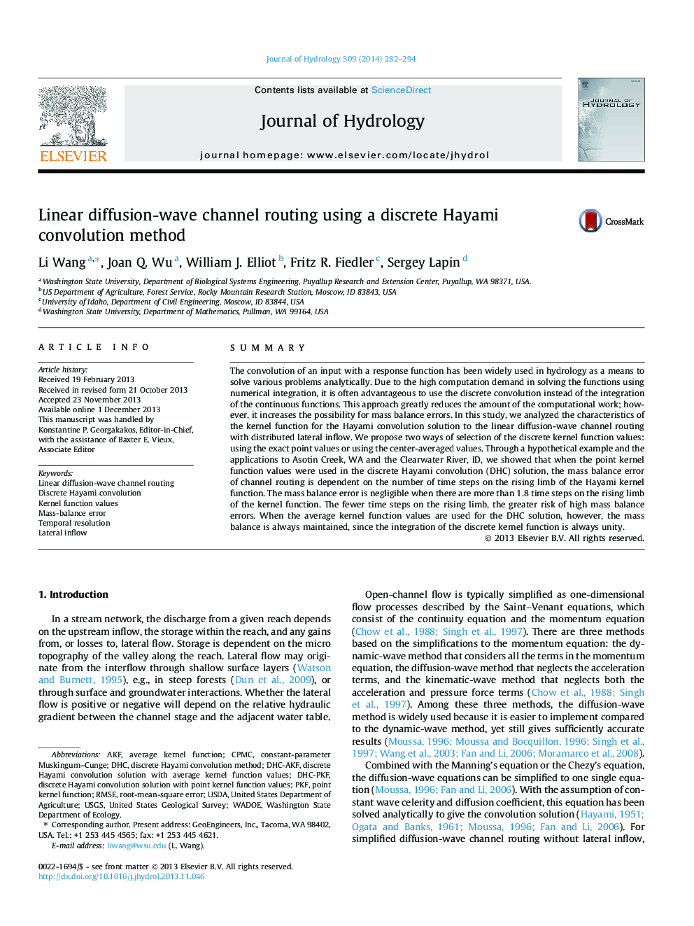 Linear diffusion-wave channel routing using a discrete Hayami convolution method