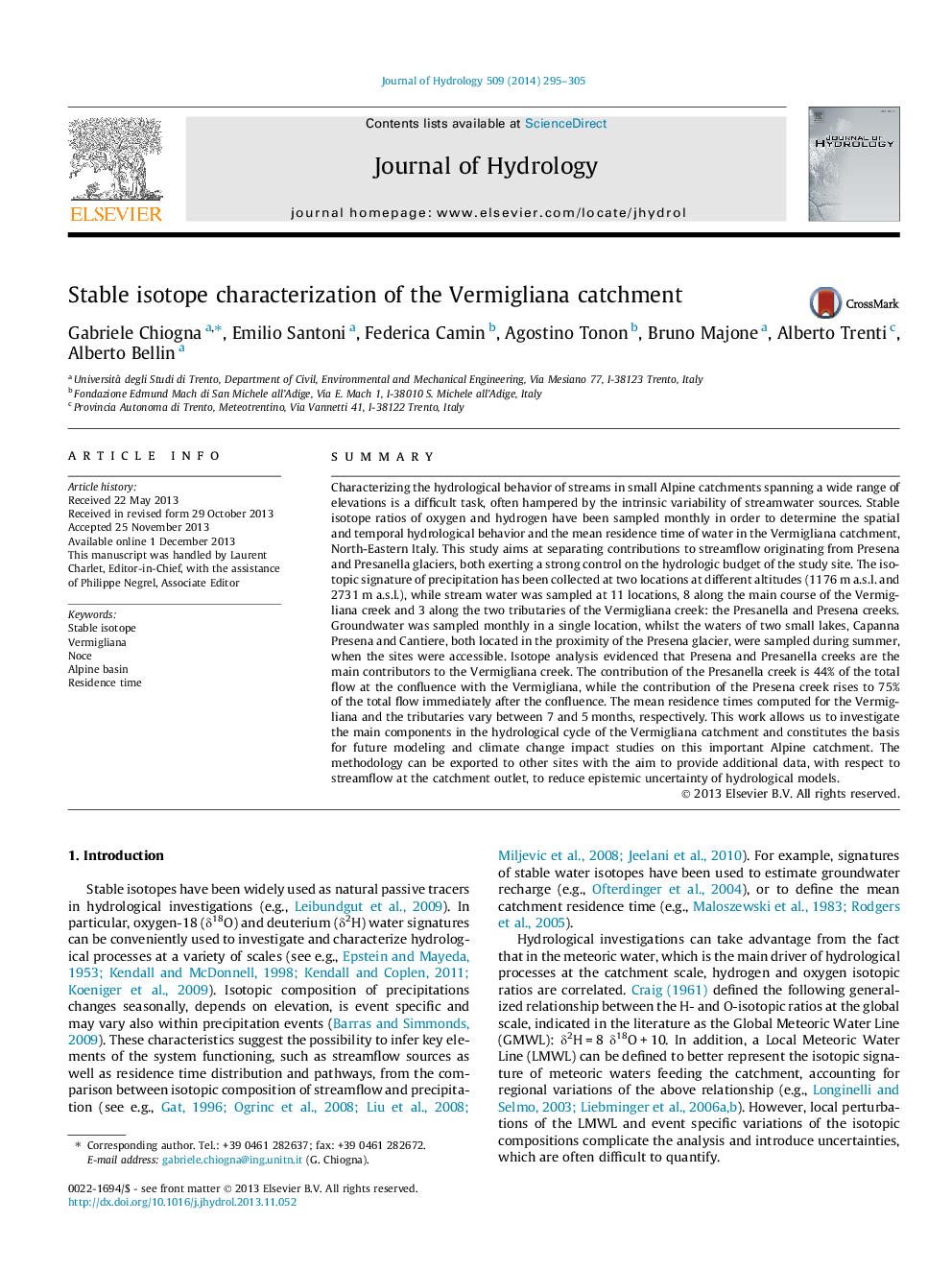 Stable isotope characterization of the Vermigliana catchment