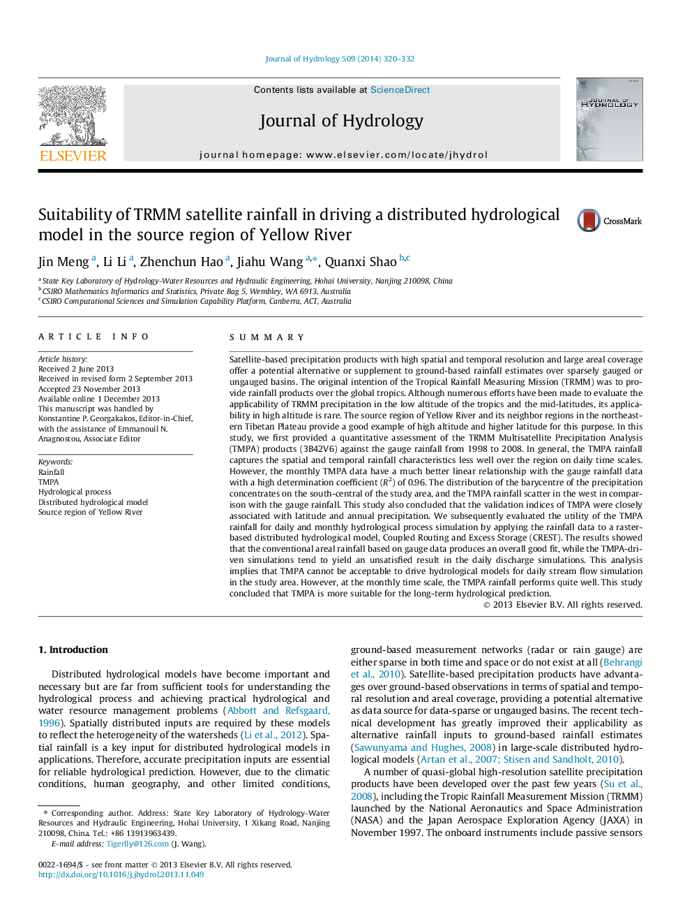 Suitability of TRMM satellite rainfall in driving a distributed hydrological model in the source region of Yellow River