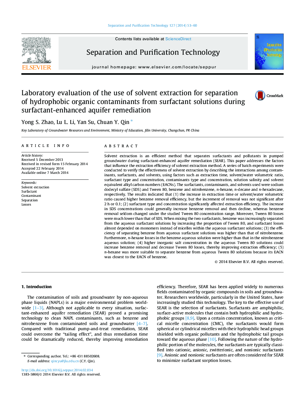 Laboratory evaluation of the use of solvent extraction for separation of hydrophobic organic contaminants from surfactant solutions during surfactant-enhanced aquifer remediation