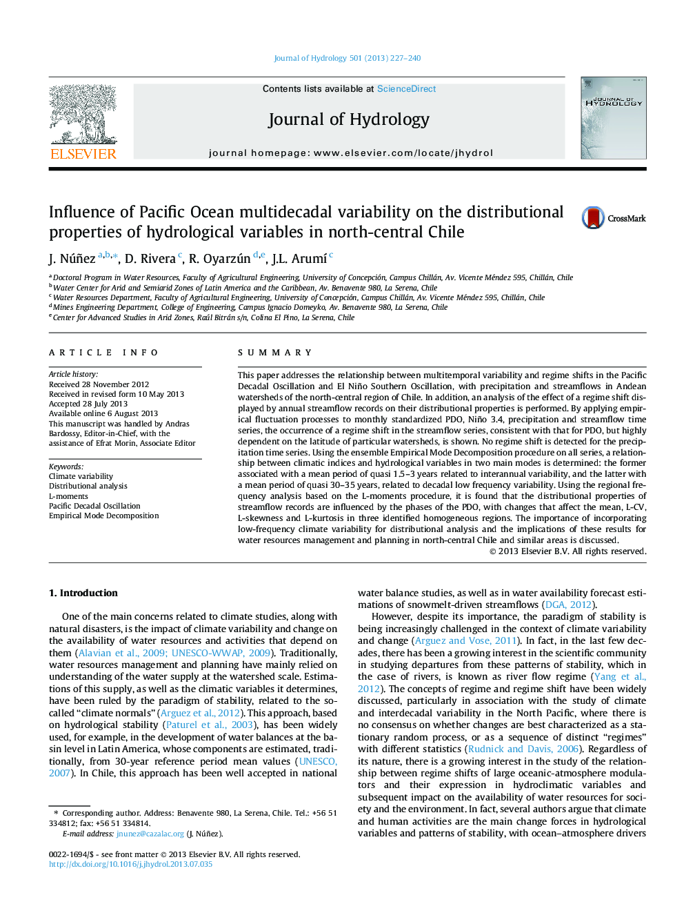 Influence of Pacific Ocean multidecadal variability on the distributional properties of hydrological variables in north-central Chile