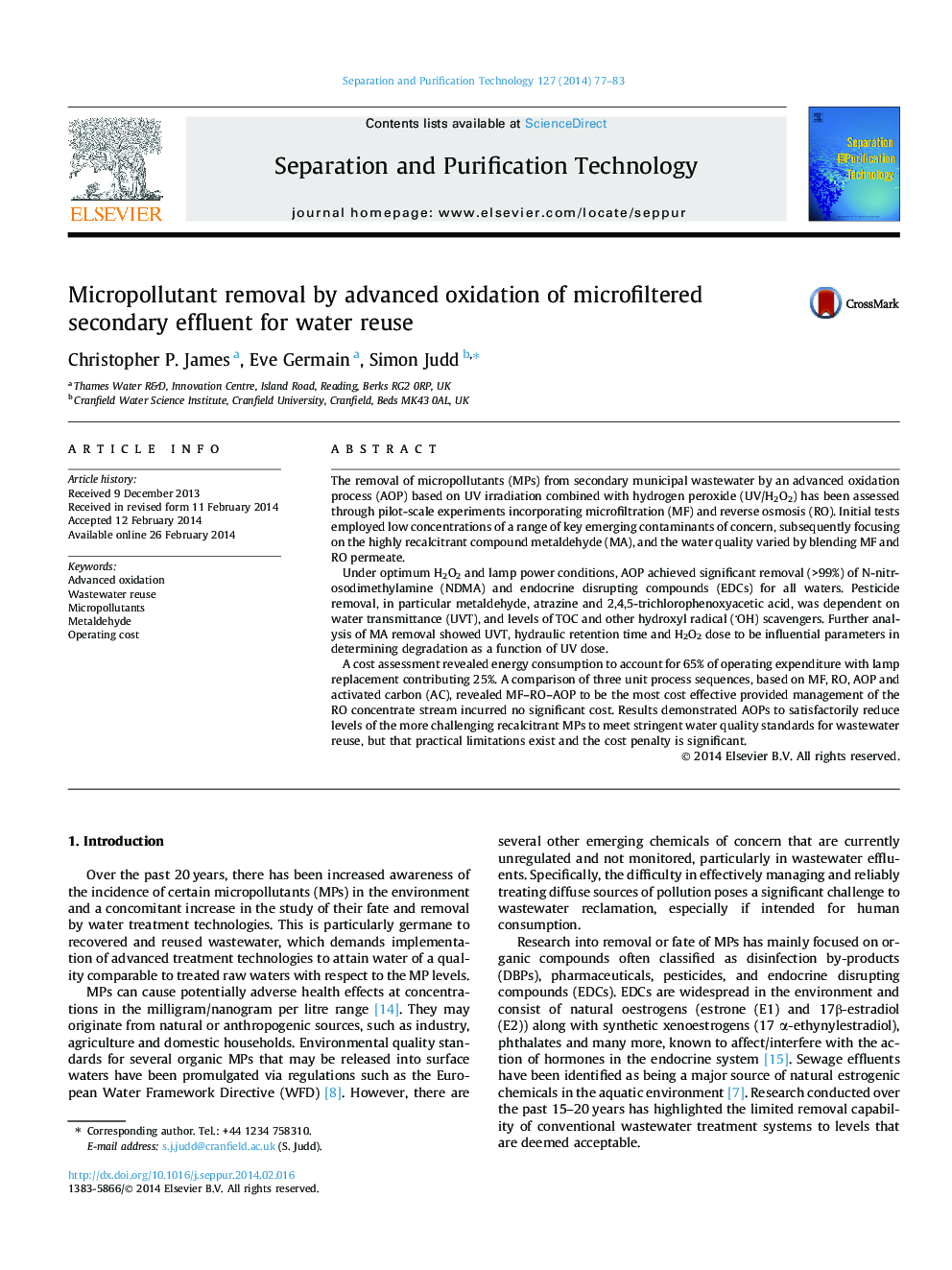 Micropollutant removal by advanced oxidation of microfiltered secondary effluent for water reuse