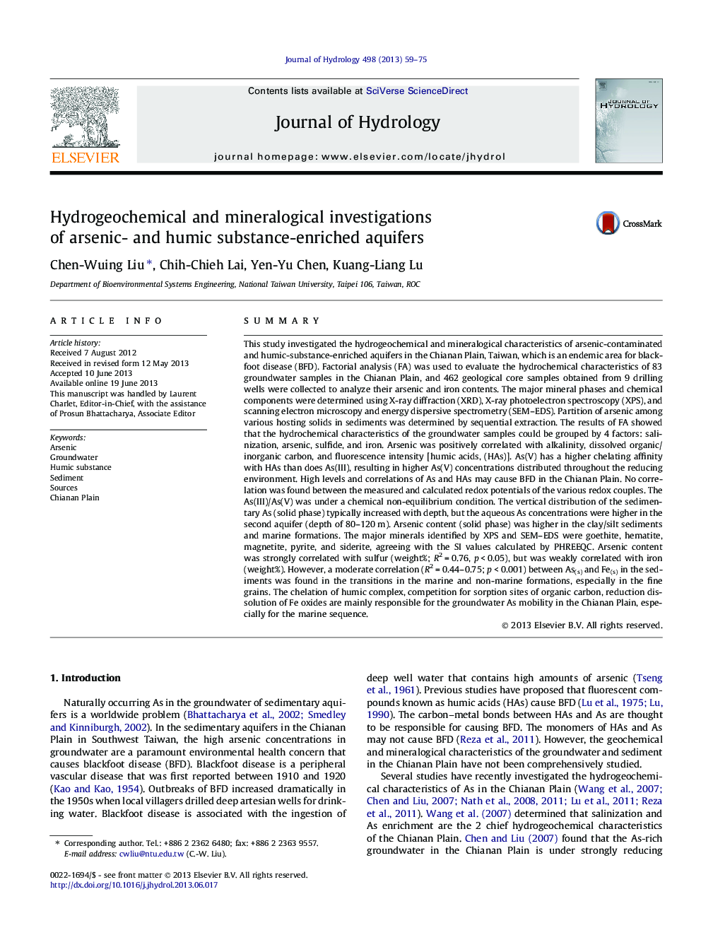 Hydrogeochemical and mineralogical investigations of arsenic- and humic substance-enriched aquifers