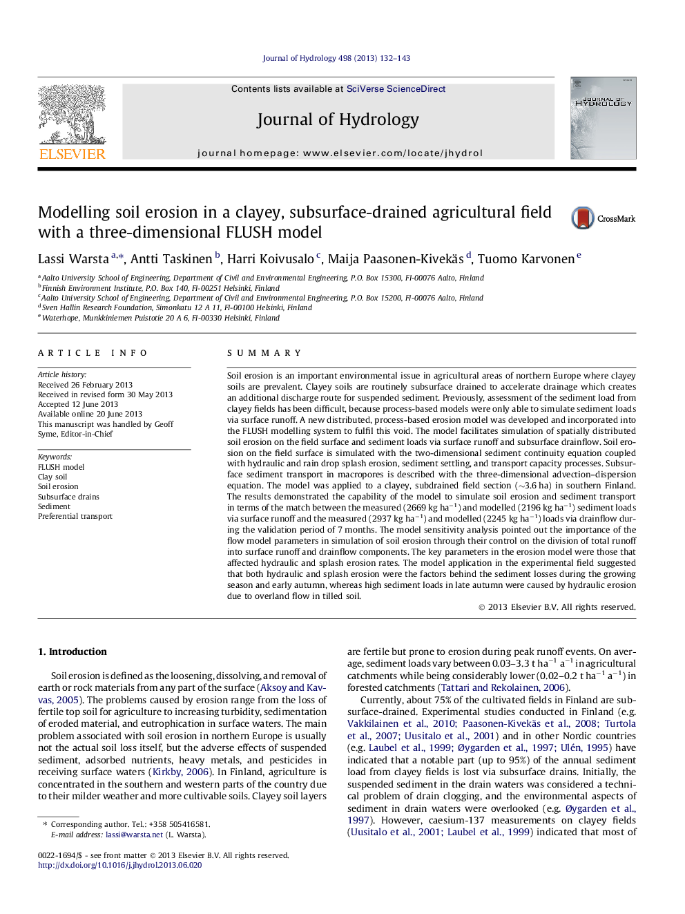 Modelling soil erosion in a clayey, subsurface-drained agricultural field with a three-dimensional FLUSH model