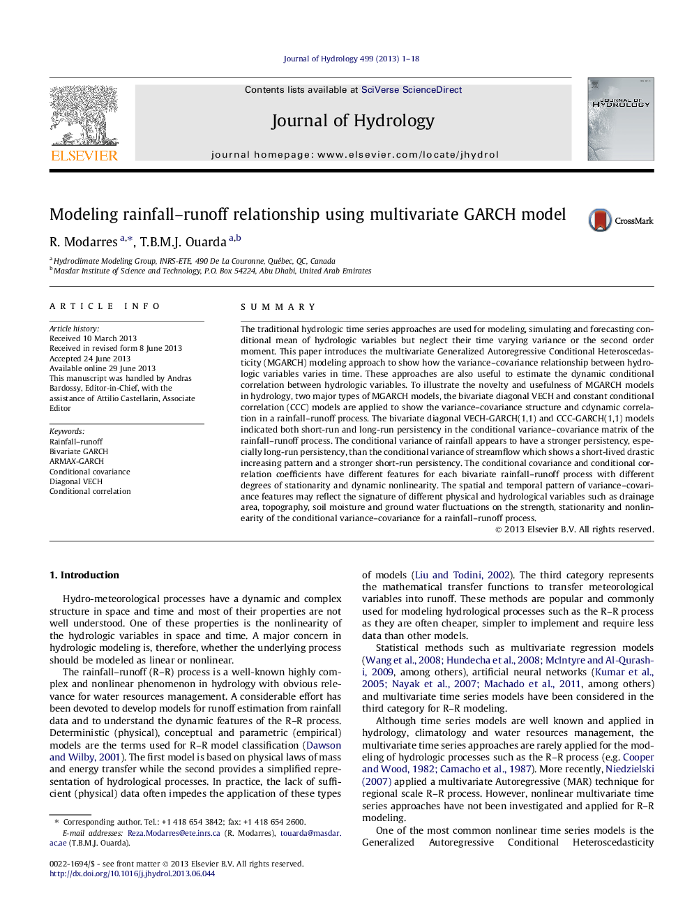 Modeling rainfall-runoff relationship using multivariate GARCH model