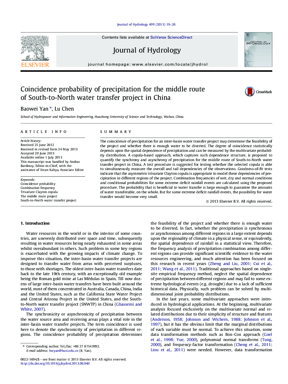 Coincidence probability of precipitation for the middle route of South-to-North water transfer project in China