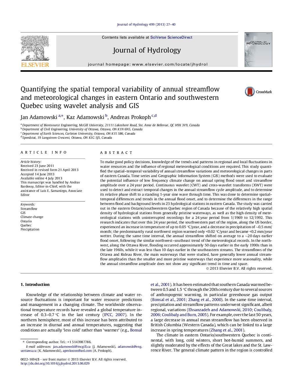 Quantifying the spatial temporal variability of annual streamflow and meteorological changes in eastern Ontario and southwestern Quebec using wavelet analysis and GIS