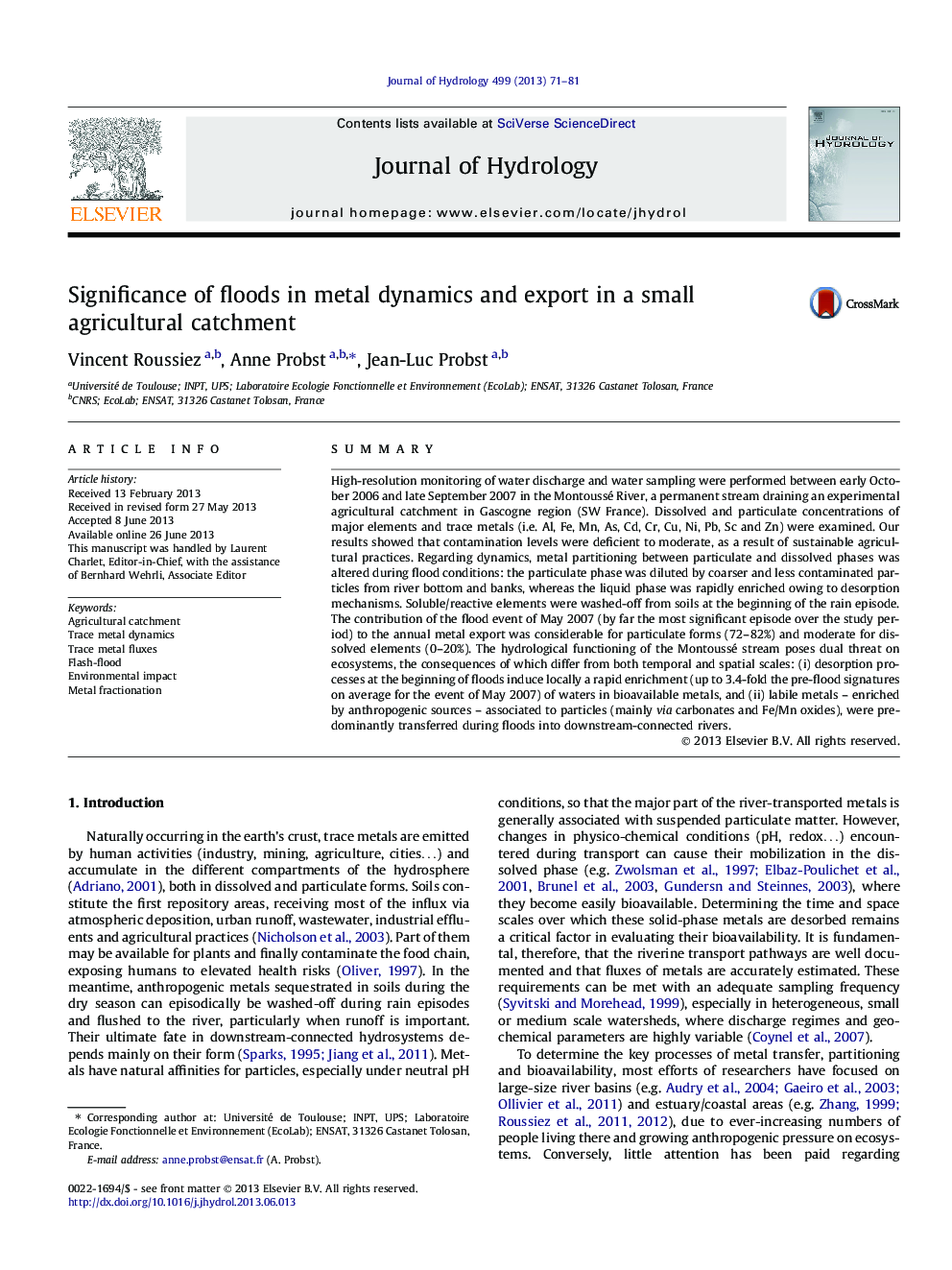 Significance of floods in metal dynamics and export in a small agricultural catchment