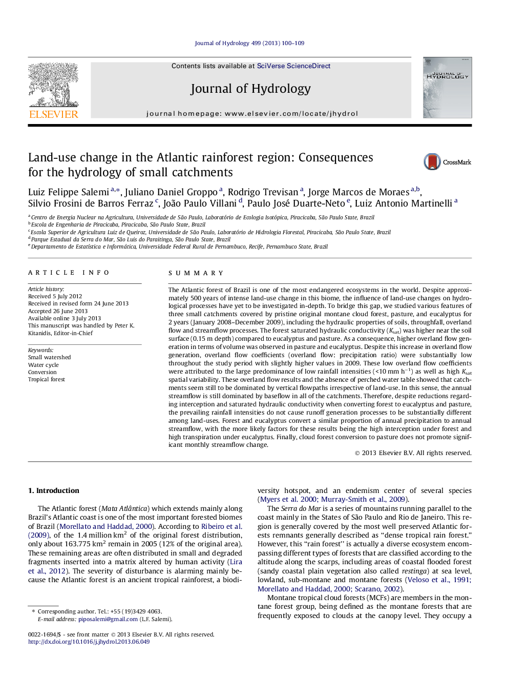 Land-use change in the Atlantic rainforest region: Consequences for the hydrology of small catchments