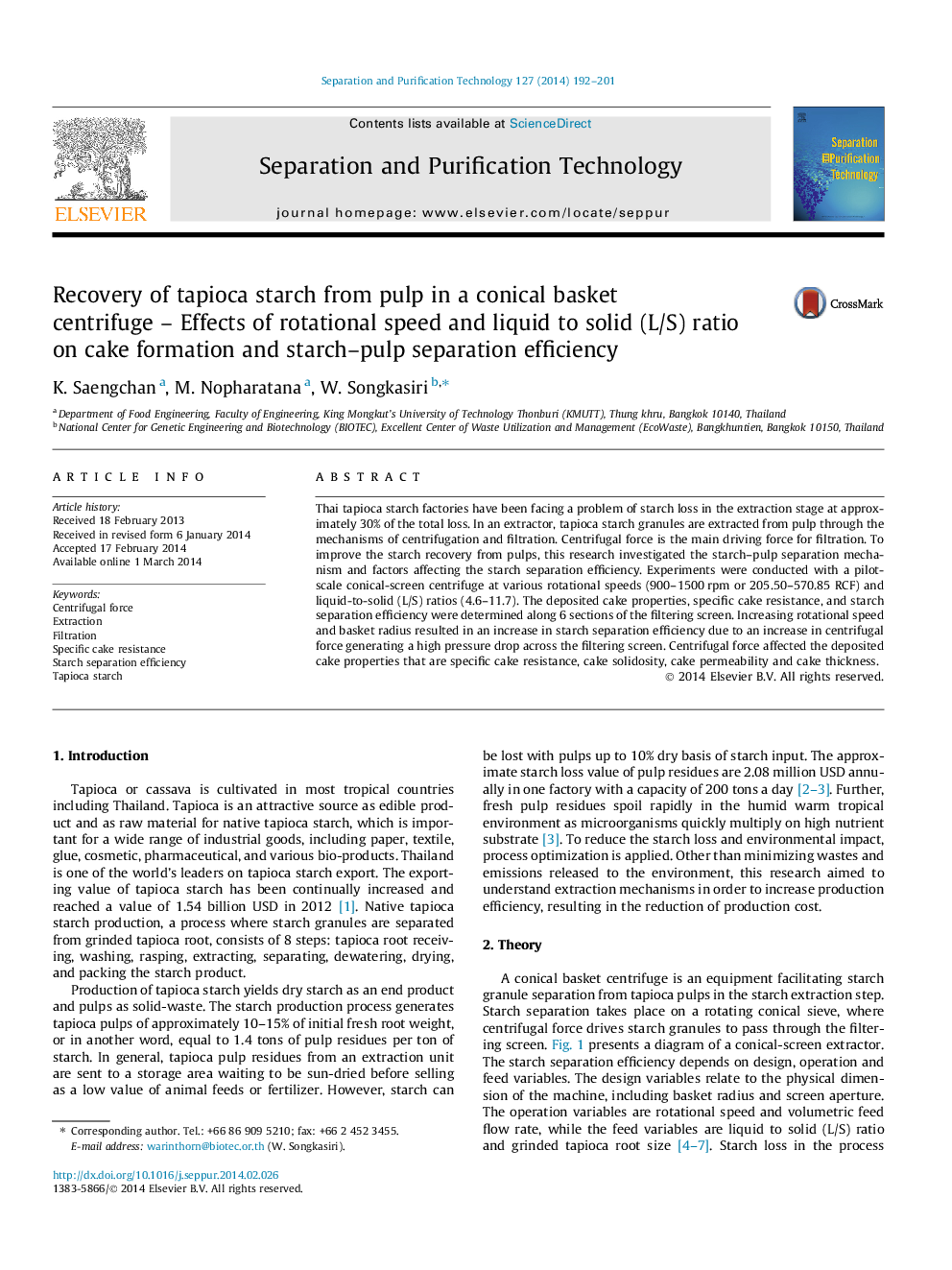 Recovery of tapioca starch from pulp in a conical basket centrifuge – Effects of rotational speed and liquid to solid (L/S) ratio on cake formation and starch–pulp separation efficiency