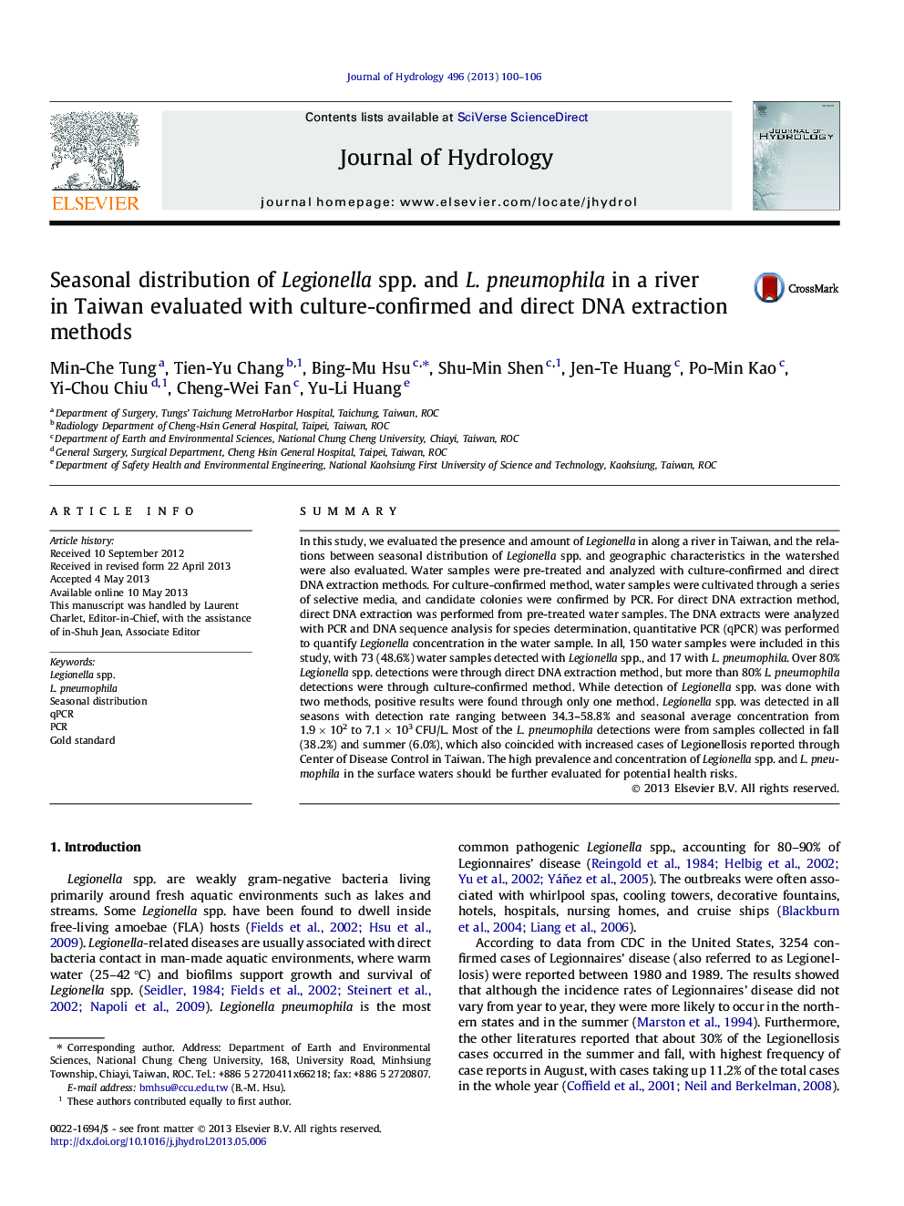 Seasonal distribution of Legionella spp. and L. pneumophila in a river in Taiwan evaluated with culture-confirmed and direct DNA extraction methods