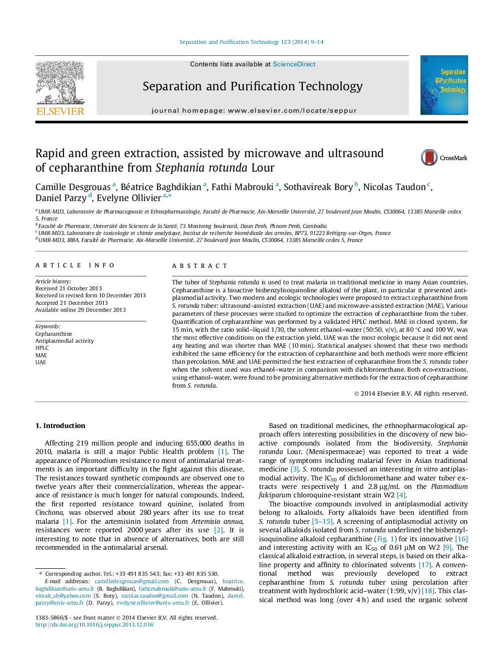 Rapid and green extraction, assisted by microwave and ultrasound of cepharanthine from Stephania rotunda Lour