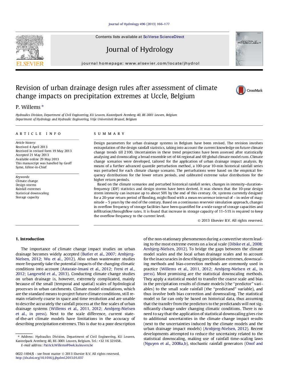 Revision of urban drainage design rules after assessment of climate change impacts on precipitation extremes at Uccle, Belgium