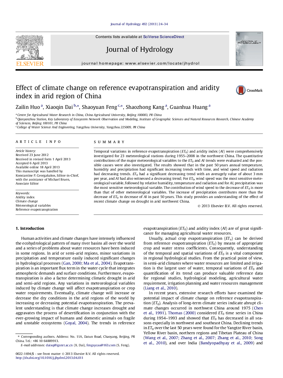 Effect of climate change on reference evapotranspiration and aridity index in arid region of China