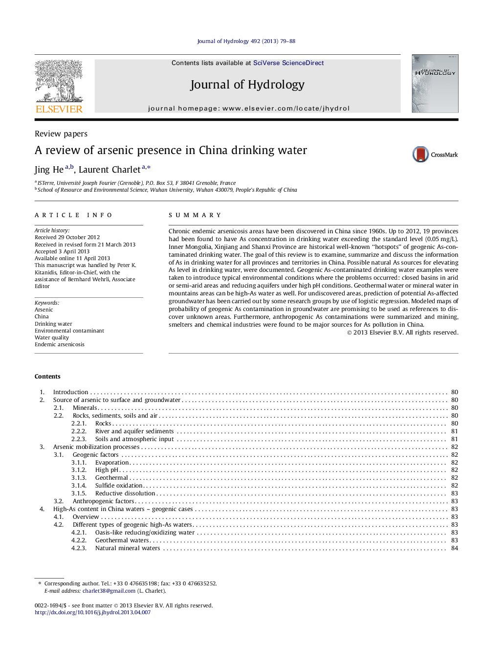 Review papersA review of arsenic presence in China drinking water