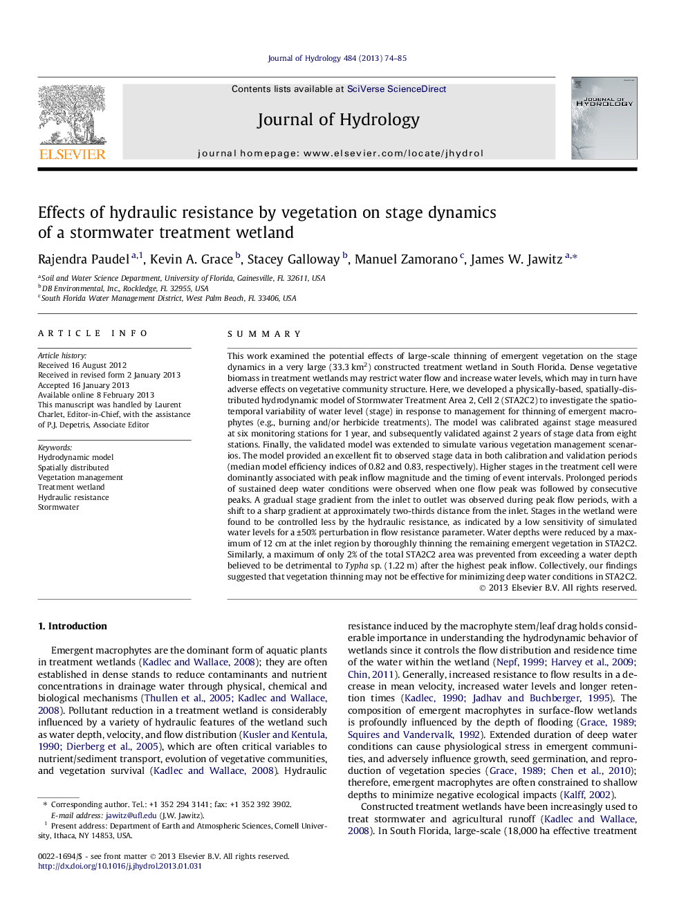 Effects of hydraulic resistance by vegetation on stage dynamics of a stormwater treatment wetland