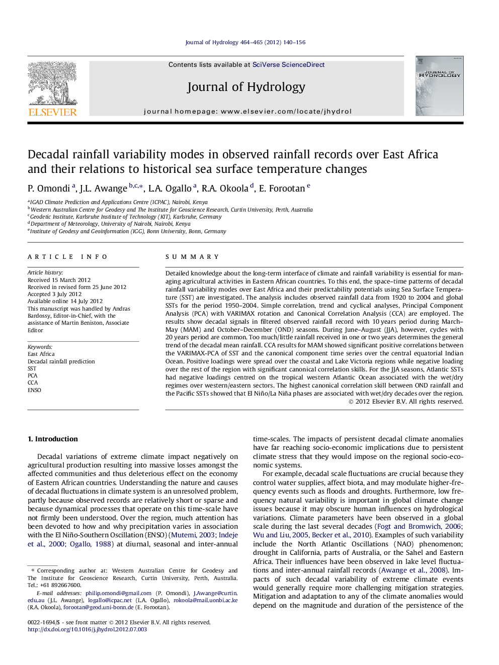 Decadal rainfall variability modes in observed rainfall records over East Africa and their relations to historical sea surface temperature changes