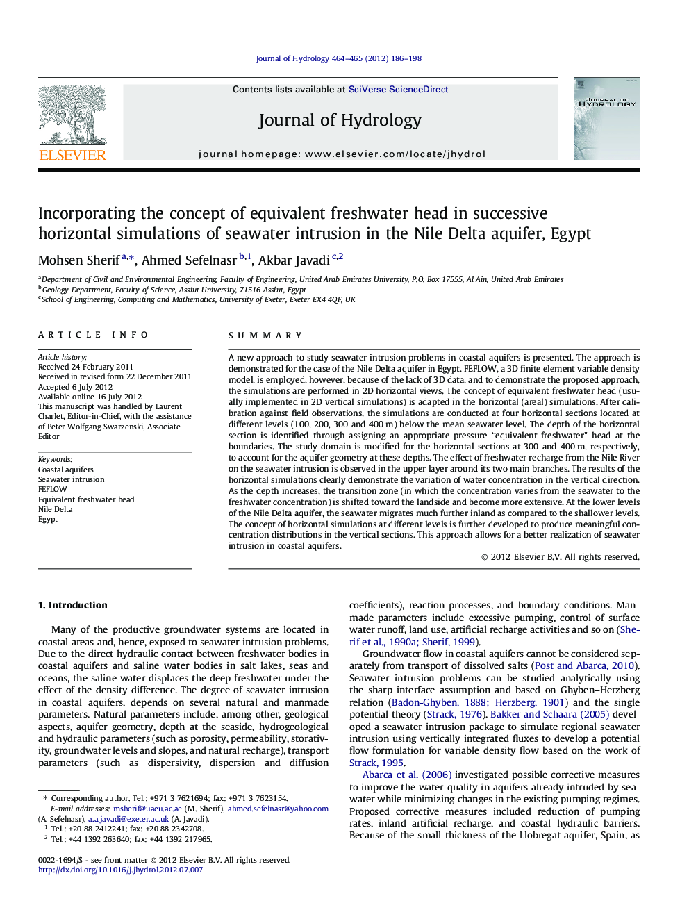 Incorporating the concept of equivalent freshwater head in successive horizontal simulations of seawater intrusion in the Nile Delta aquifer, Egypt