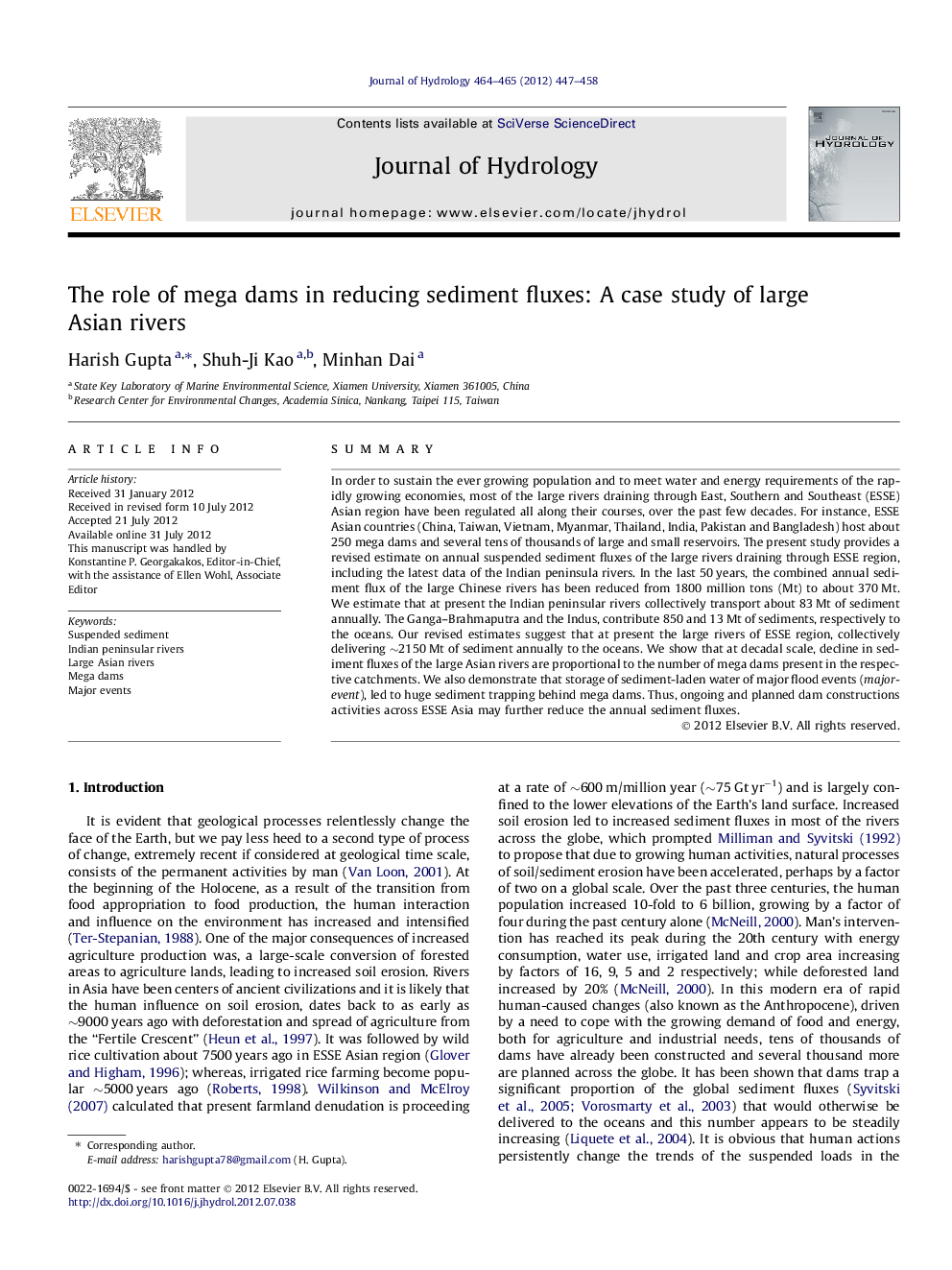 The role of mega dams in reducing sediment fluxes: A case study of large Asian rivers