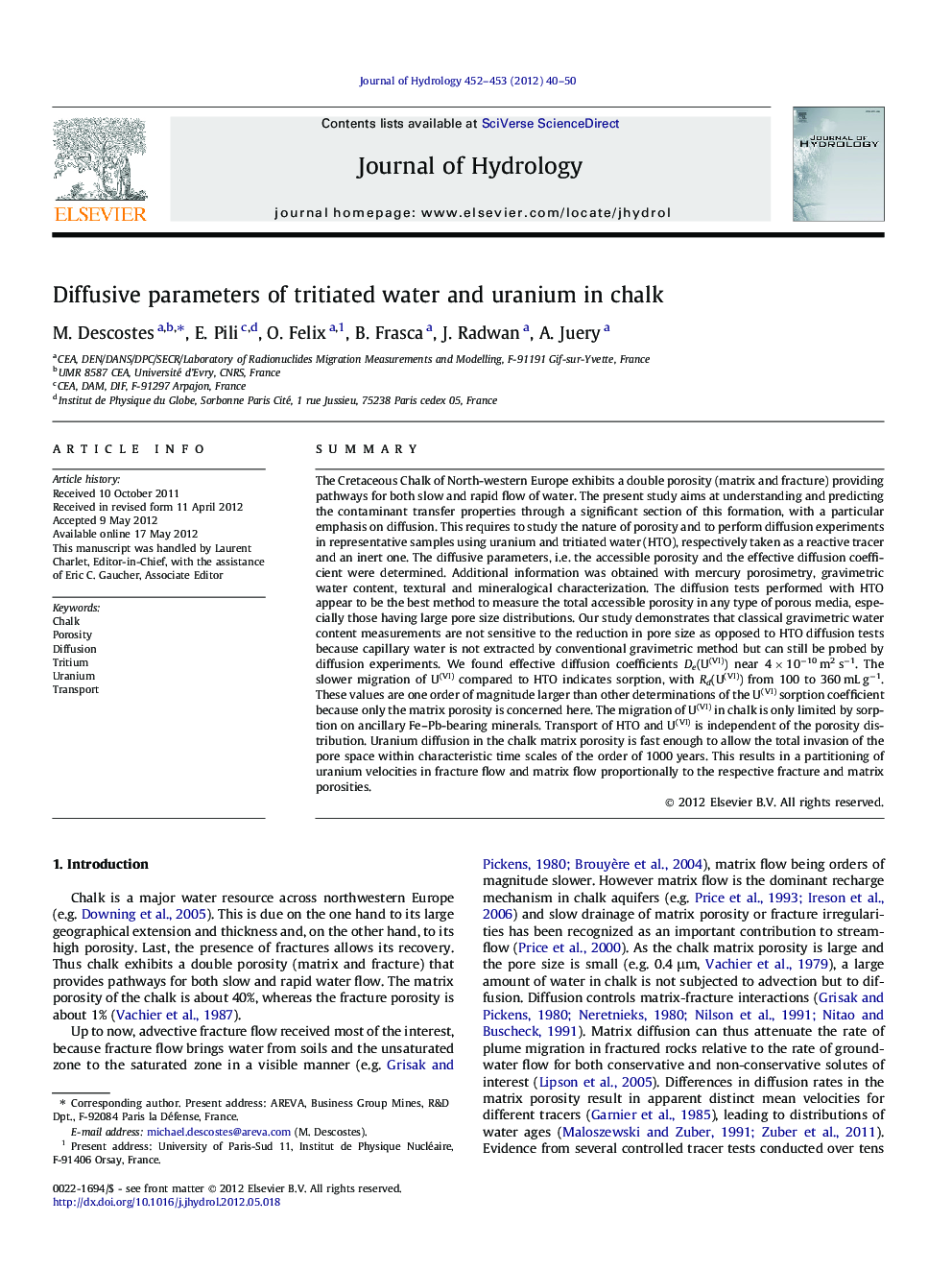 Diffusive parameters of tritiated water and uranium in chalk