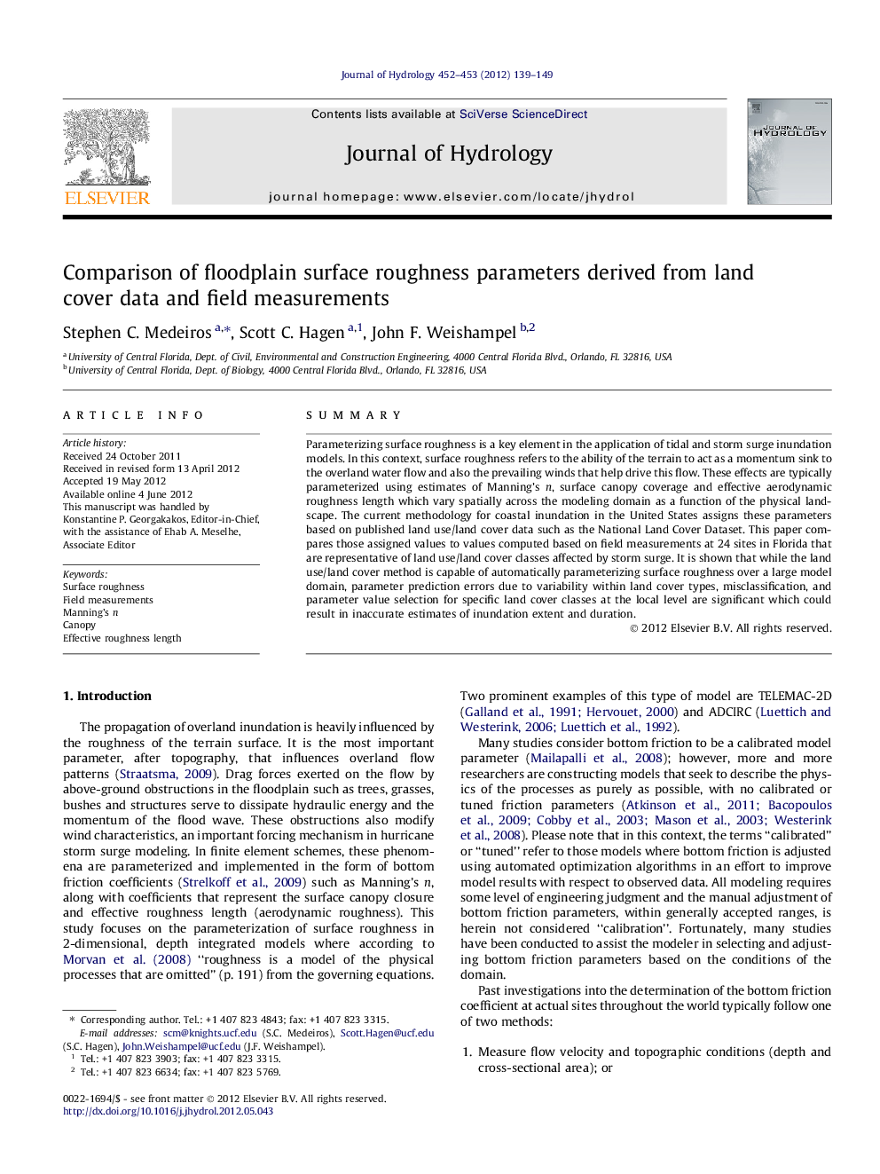 Comparison of floodplain surface roughness parameters derived from land cover data and field measurements