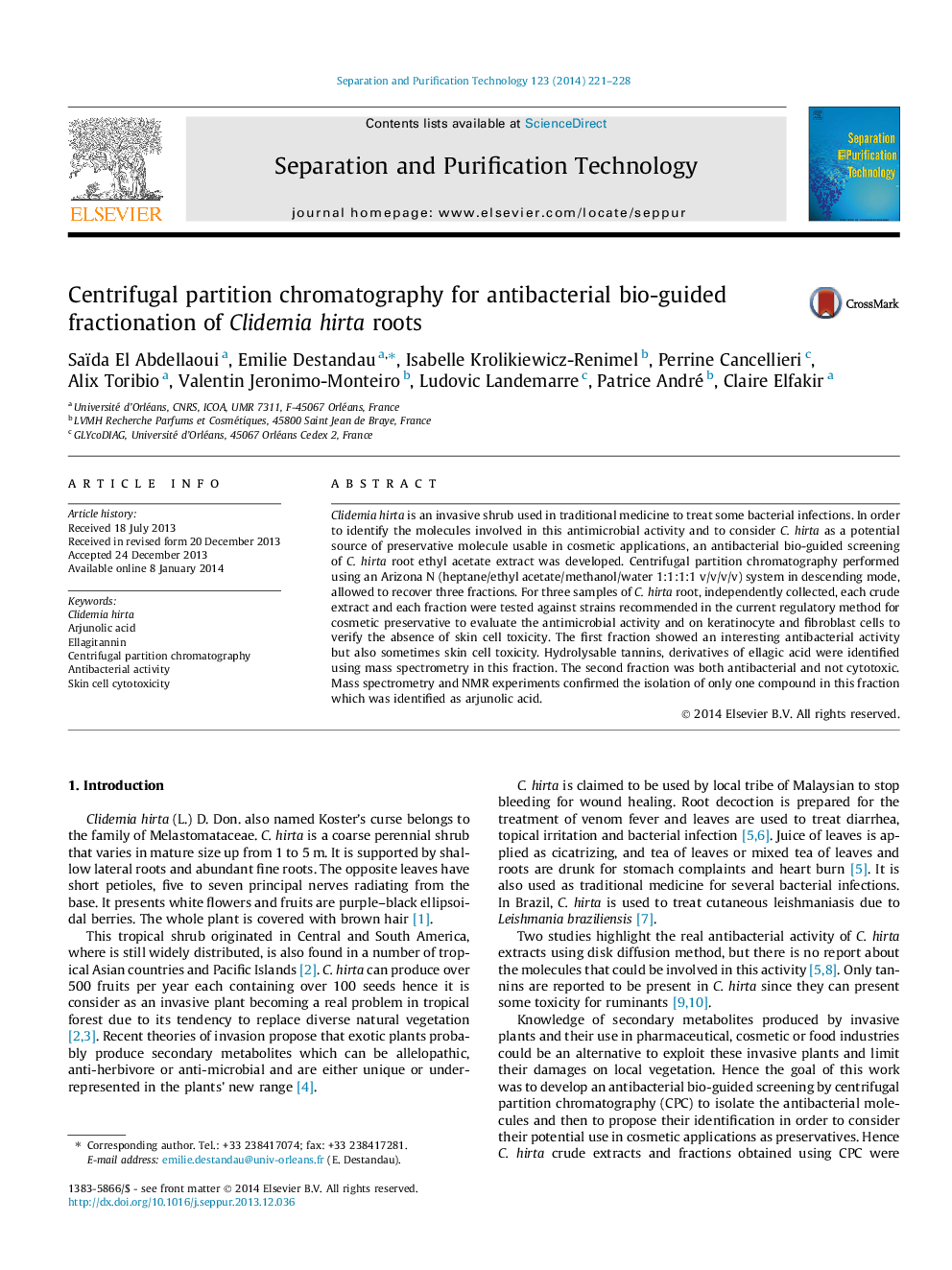 Centrifugal partition chromatography for antibacterial bio-guided fractionation of Clidemia hirta roots