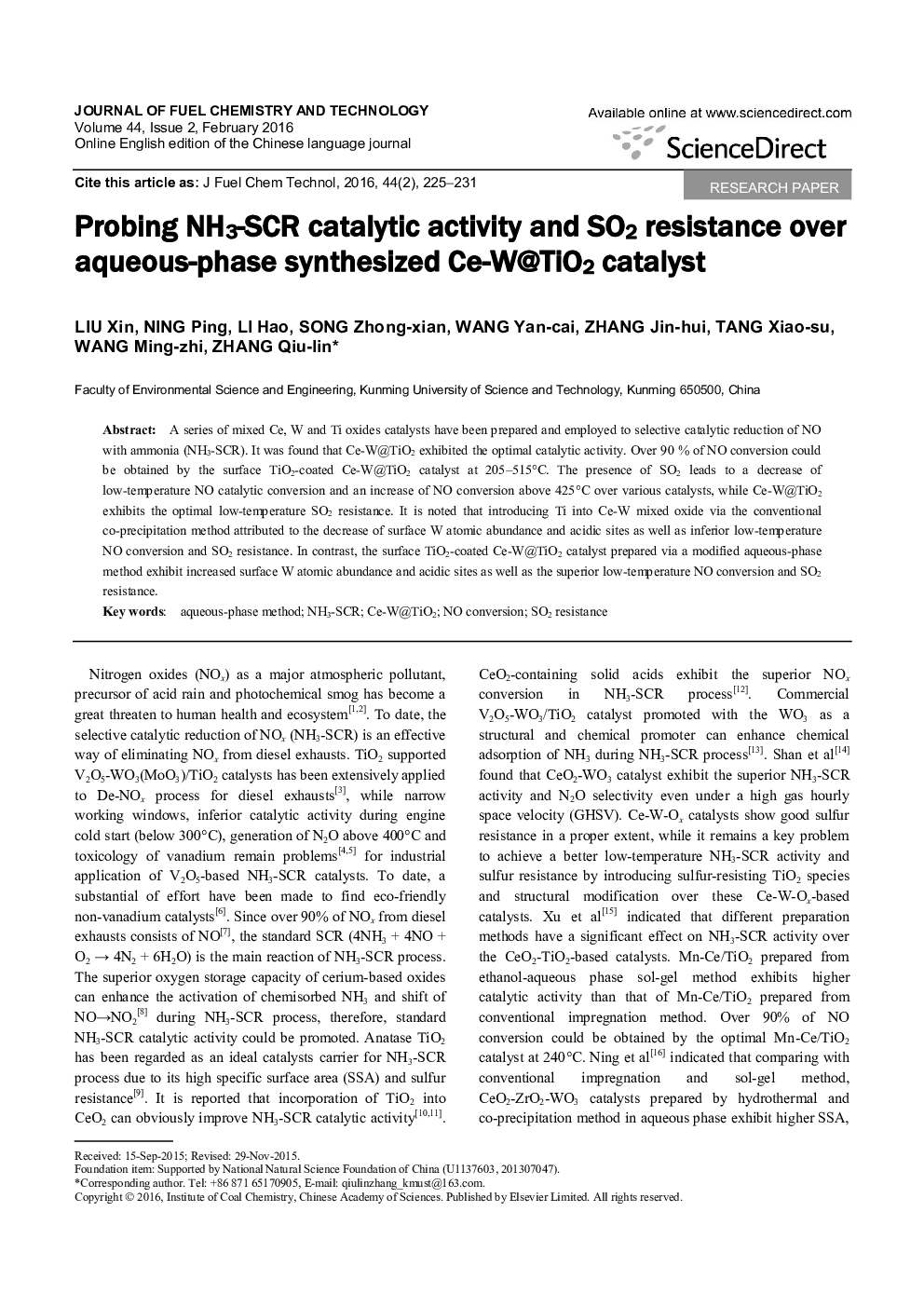 عکس صفحه اول مقاله: Probing NH3-SCR catalytic activity and SO2 resistance over aqueous-phase synthesized Ce-W@TiO2 catalyst Probing NH3-SCR catalytic activity and SO2 resistance over aqueous-phase synthesized Ce-W@TiO2 catalyst