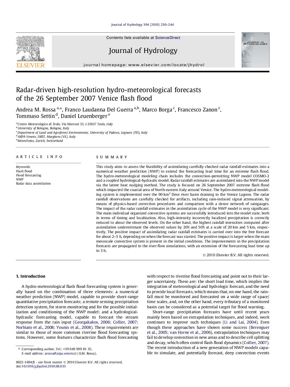 Radar-driven high-resolution hydro-meteorological forecasts of the 26 September 2007 Venice flash flood