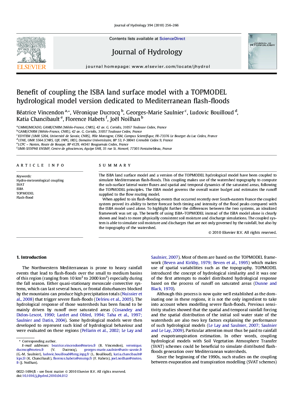 Benefit of coupling the ISBA land surface model with a TOPMODEL hydrological model version dedicated to Mediterranean flash-floods
