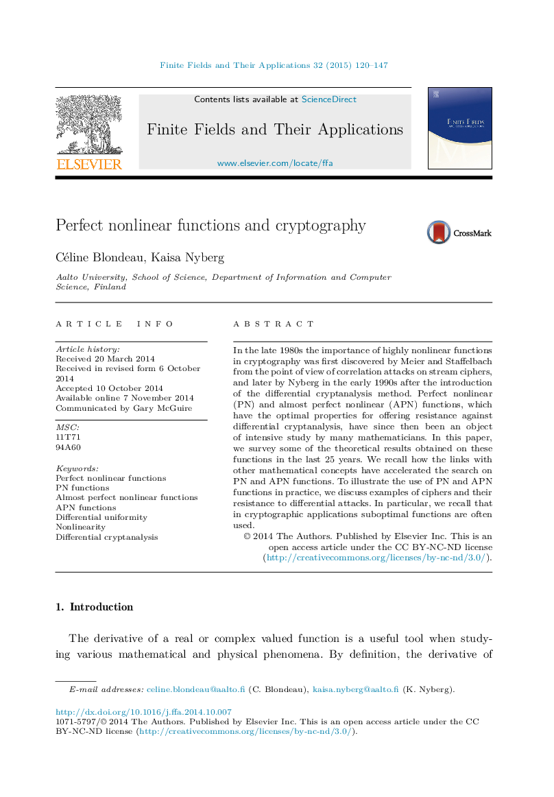 Perfect nonlinear functions and cryptography