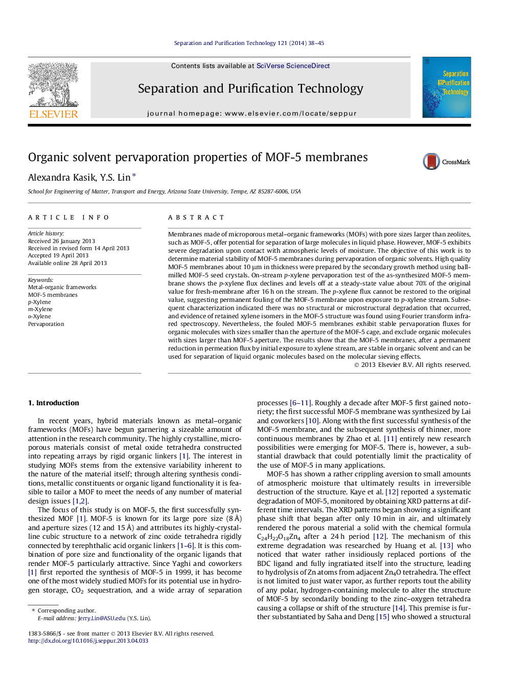 Organic solvent pervaporation properties of MOF-5 membranes