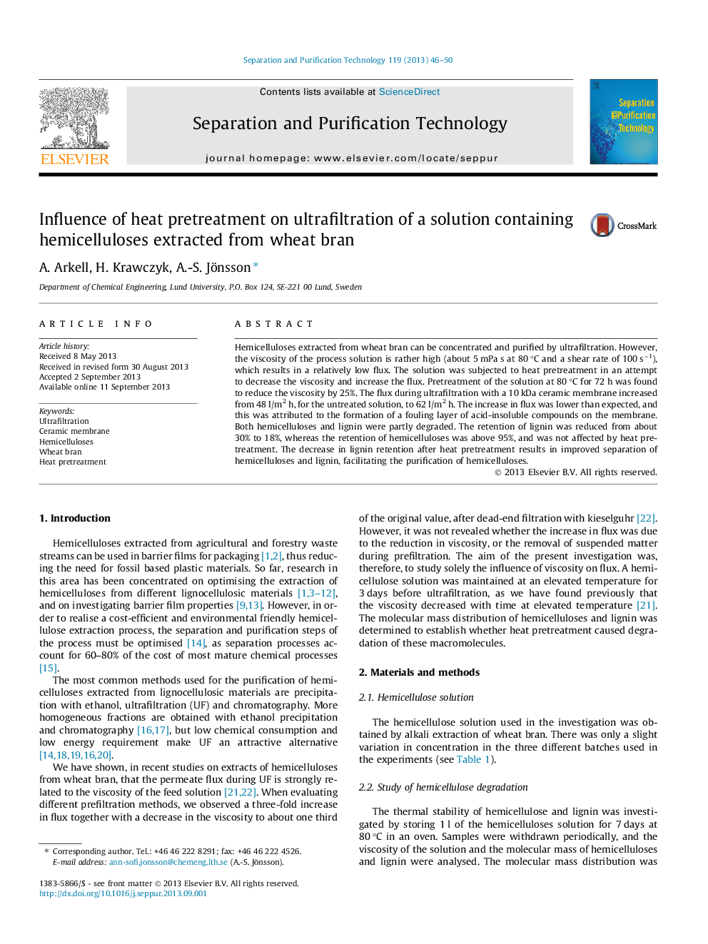 Influence of heat pretreatment on ultrafiltration of a solution containing hemicelluloses extracted from wheat bran