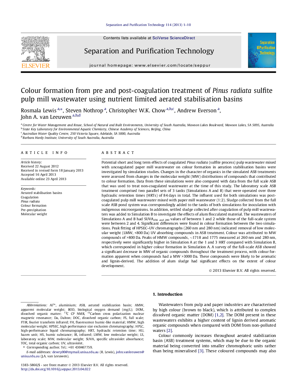 Colour formation from pre and post-coagulation treatment of Pinus radiata sulfite pulp mill wastewater using nutrient limited aerated stabilisation basins