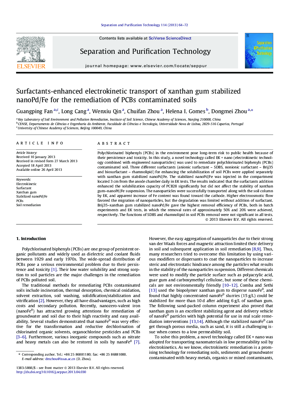 Surfactants-enhanced electrokinetic transport of xanthan gum stabilized nanoPd/Fe for the remediation of PCBs contaminated soils