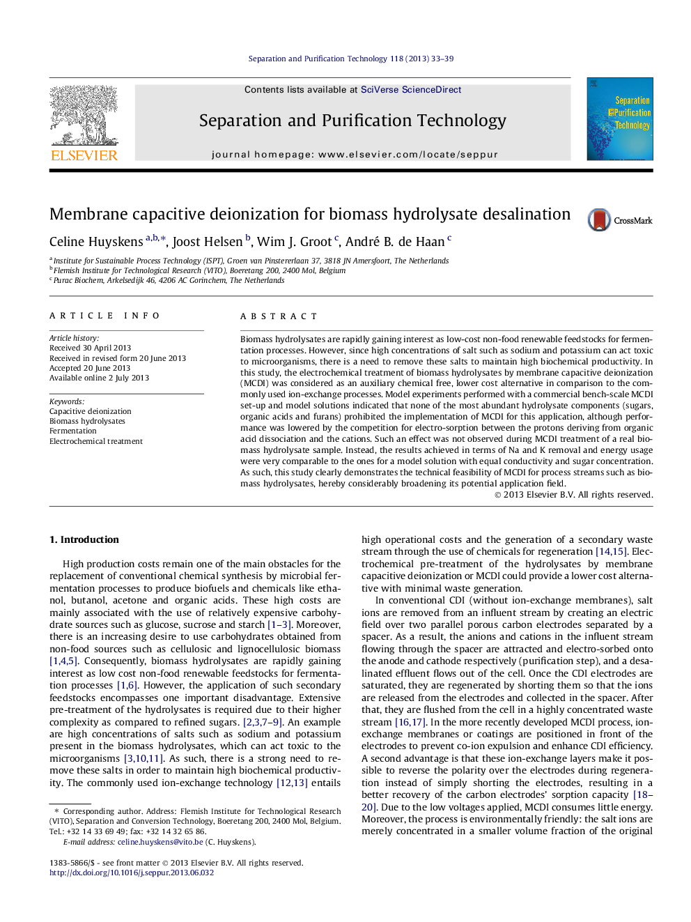 Membrane capacitive deionization for biomass hydrolysate desalination