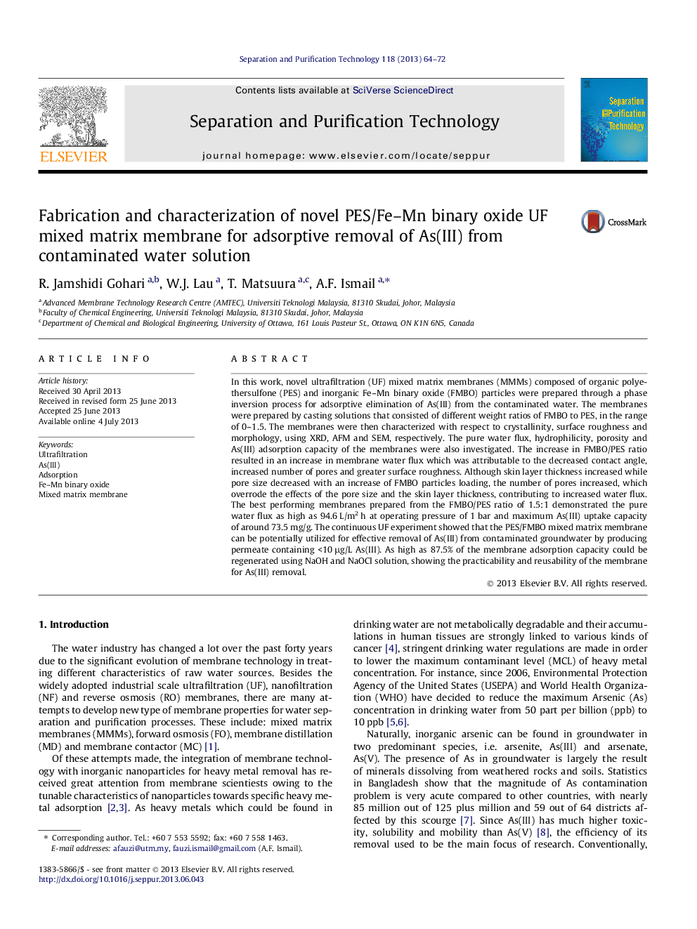 Fabrication and characterization of novel PES/Fe–Mn binary oxide UF mixed matrix membrane for adsorptive removal of As(III) from contaminated water solution