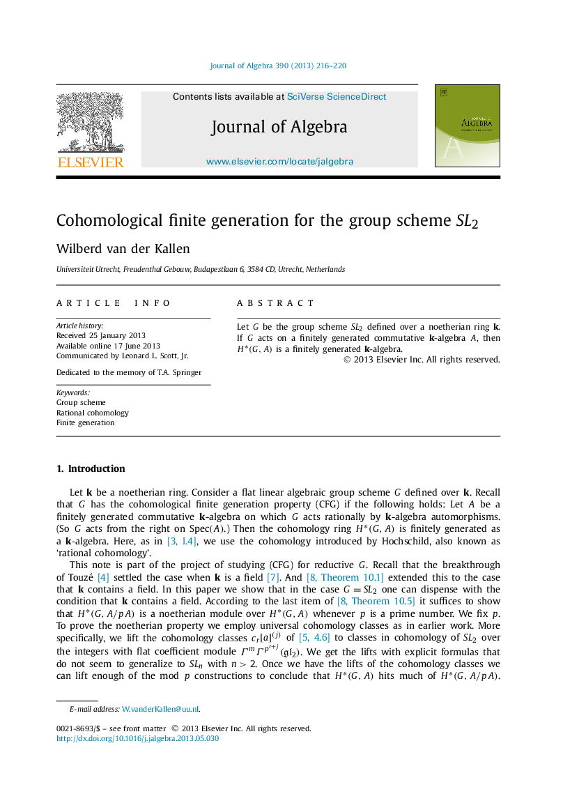 Cohomological finite generation for the group scheme SL2