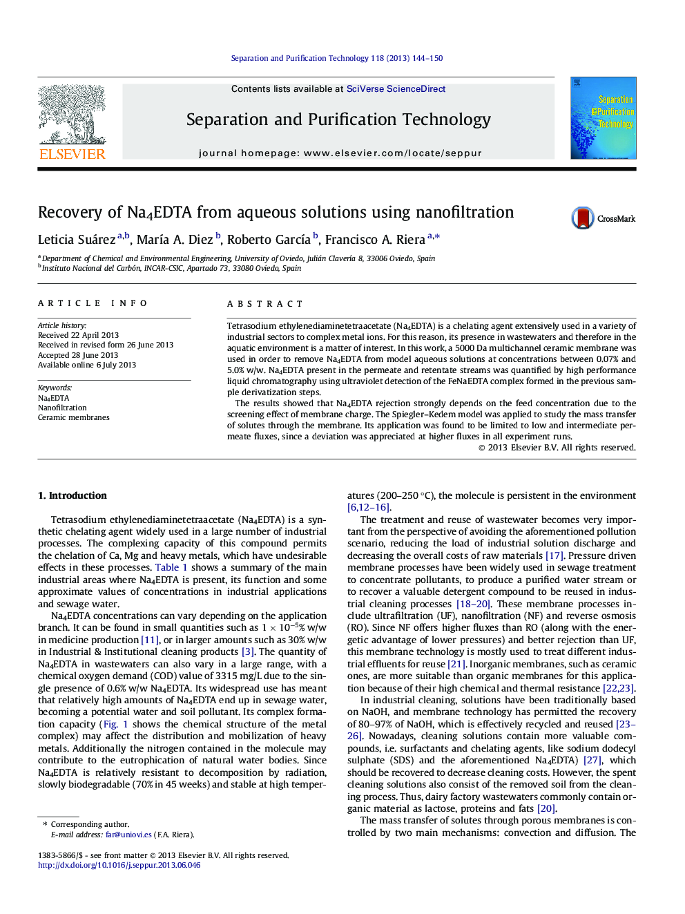 Recovery of Na4EDTA from aqueous solutions using nanofiltration