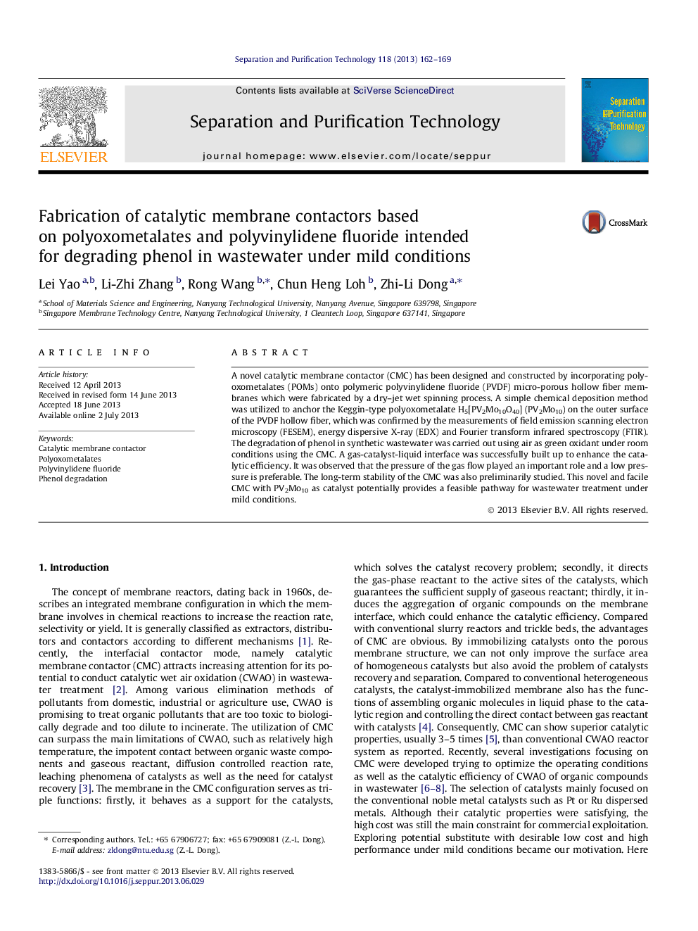 Fabrication of catalytic membrane contactors based on polyoxometalates and polyvinylidene fluoride intended for degrading phenol in wastewater under mild conditions