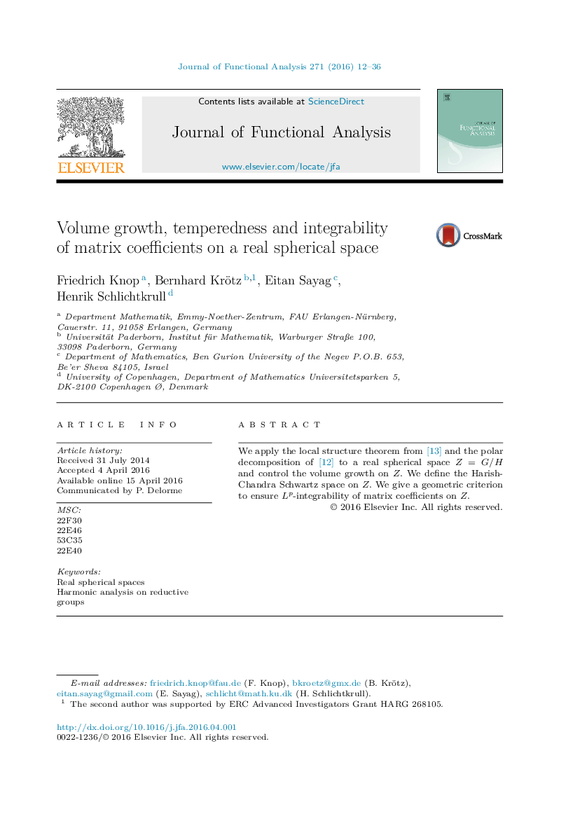 Volume growth, temperedness and integrability of matrix coefficients on a real spherical space