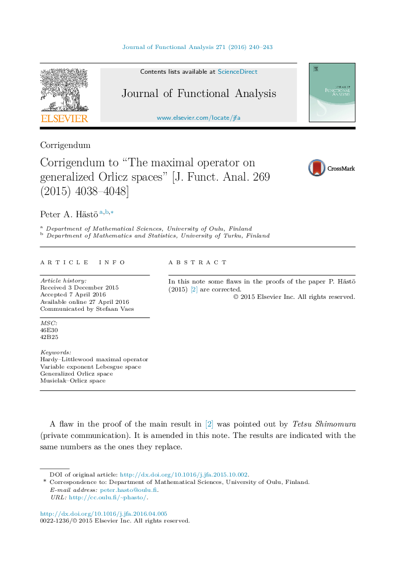 CorrigendumCorrigendum to “The maximal operator on generalized Orlicz spaces” [J. Funct. Anal. 269 (2015) 4038-4048]