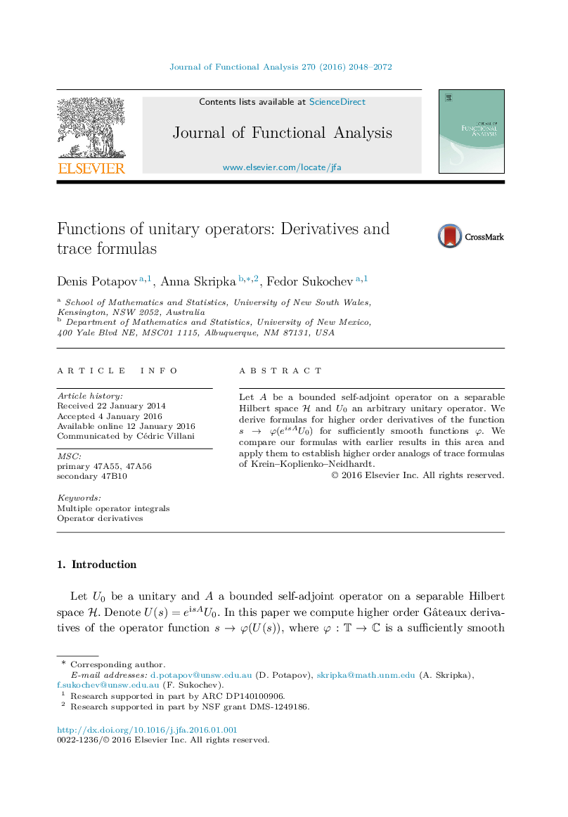 Functions of unitary operators: Derivatives and trace formulas