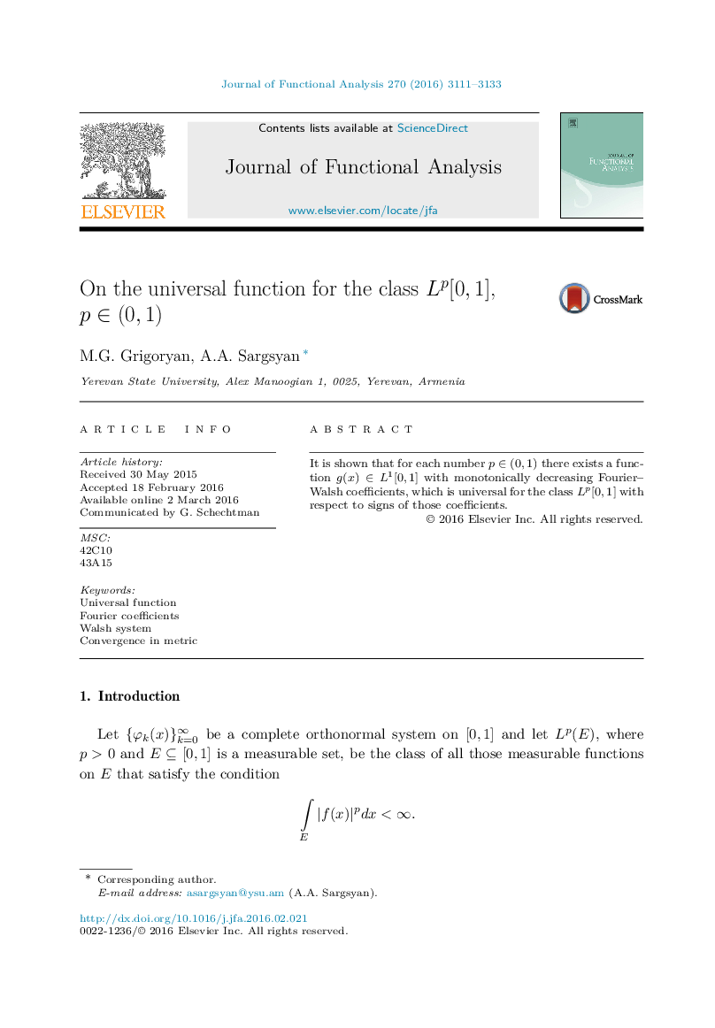 On the universal function for the class Lp[0,1], pÂ âÂ (0,1)