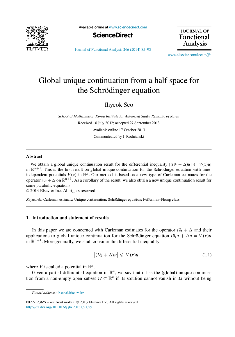 Global unique continuation from a half space for the Schrödinger equation