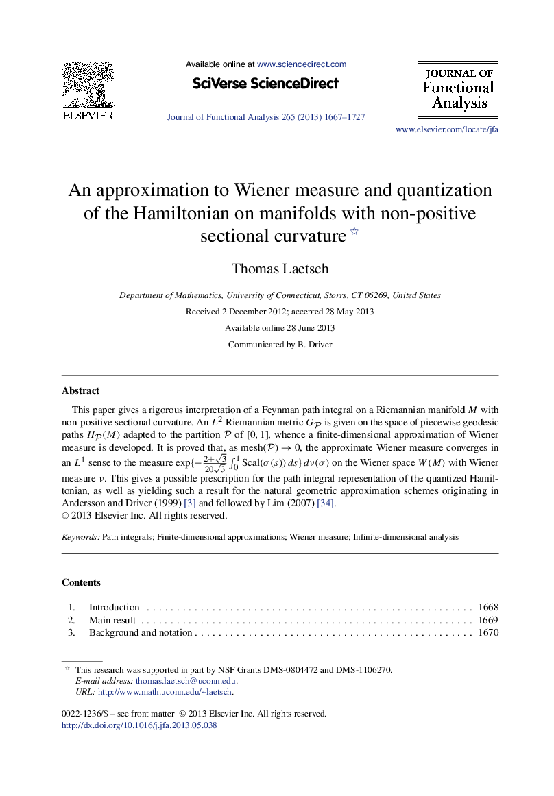 An approximation to Wiener measure and quantization of the Hamiltonian on manifolds with non-positive sectional curvature