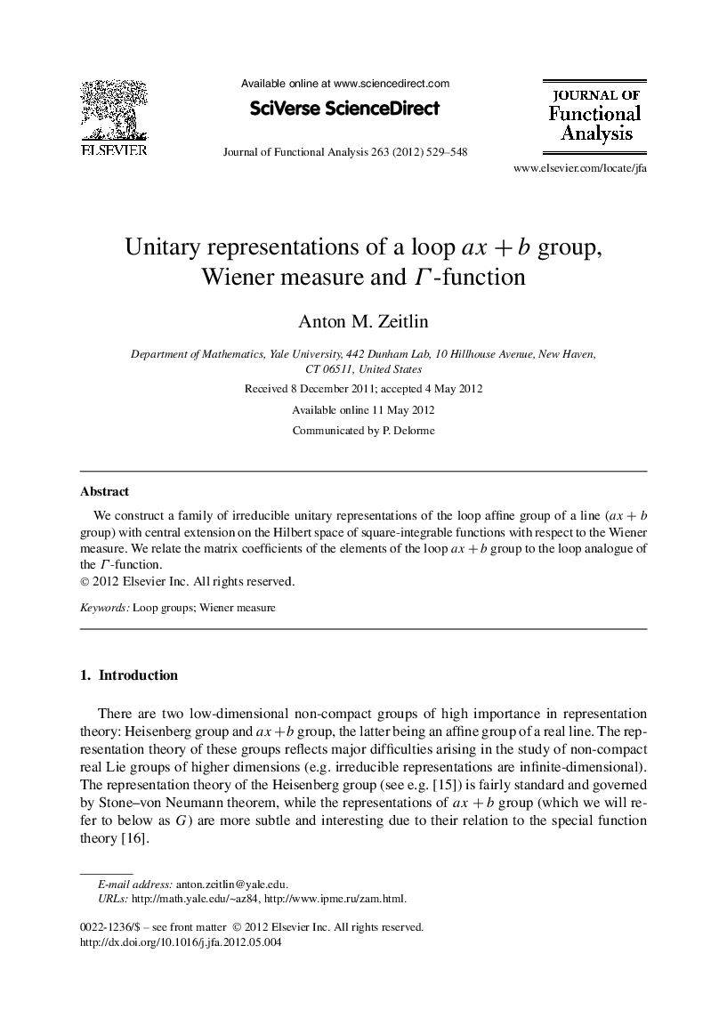 Unitary representations of a loop ax+b group, Wiener measure and Î-function