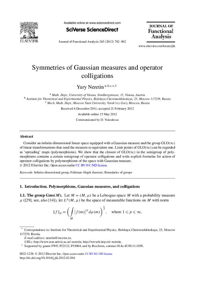 Symmetries of Gaussian measures and operator colligations