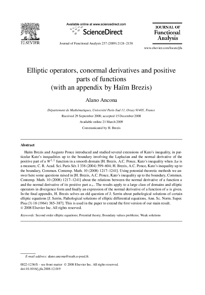 Elliptic operators, conormal derivatives and positive parts of functions (with an appendix by Haïm Brezis)