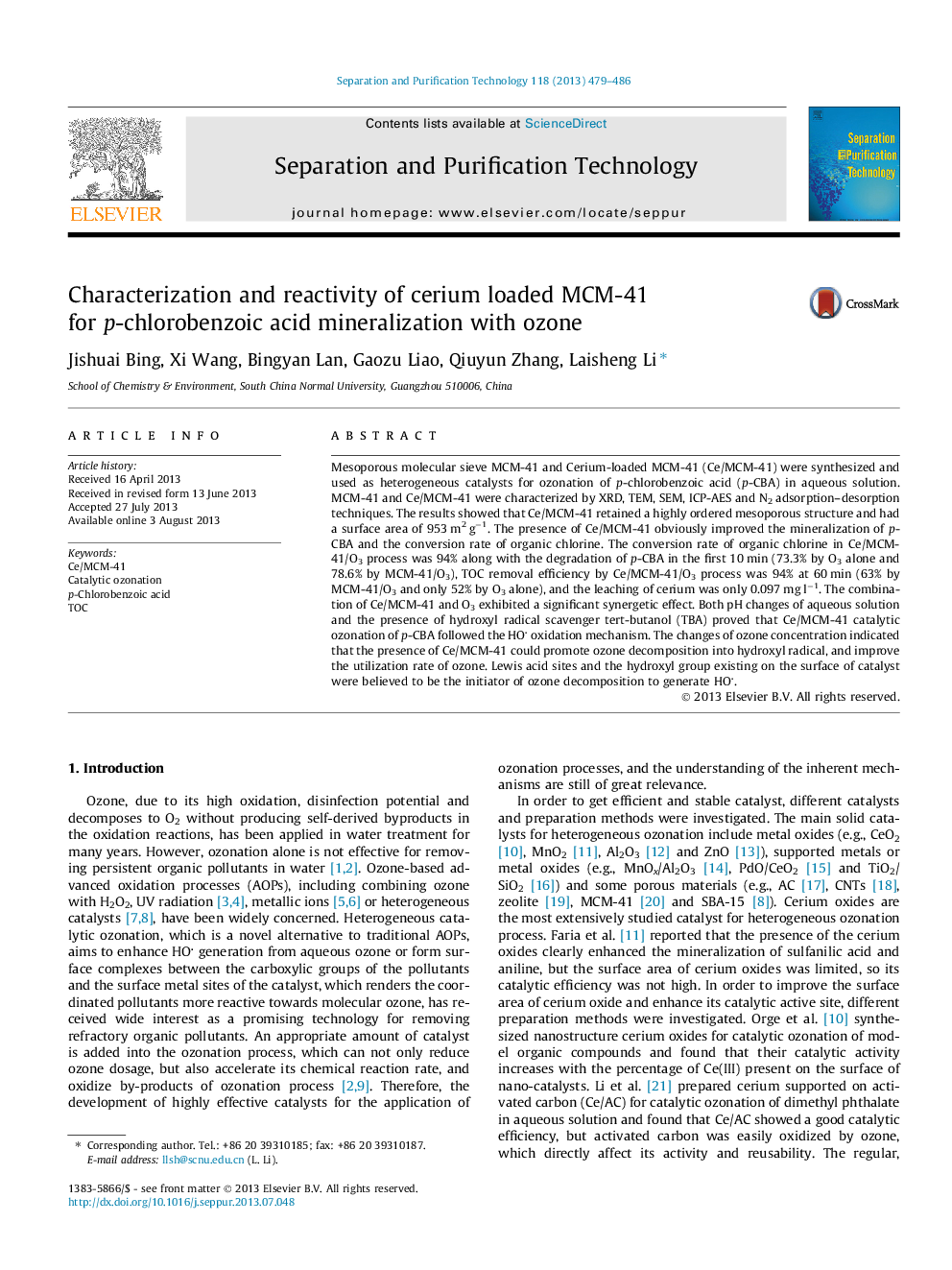 Characterization and reactivity of cerium loaded MCM-41 for p-chlorobenzoic acid mineralization with ozone