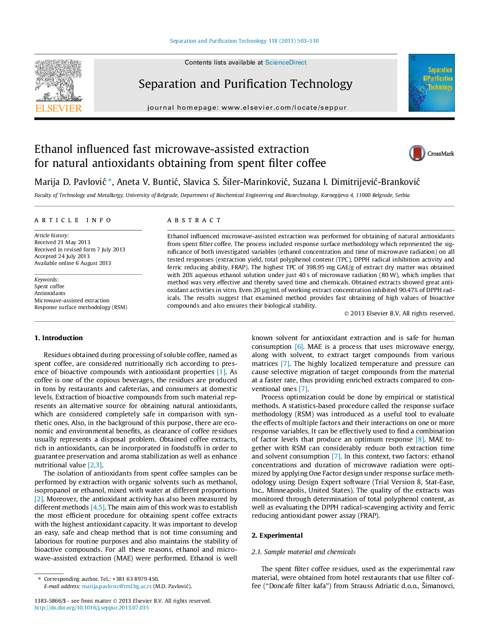 Ethanol influenced fast microwave-assisted extraction for natural antioxidants obtaining from spent filter coffee